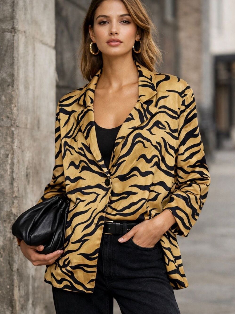 Scotch Soda Amsterdam Gold Black Tiger Print Satin Blazer Jacket Size L